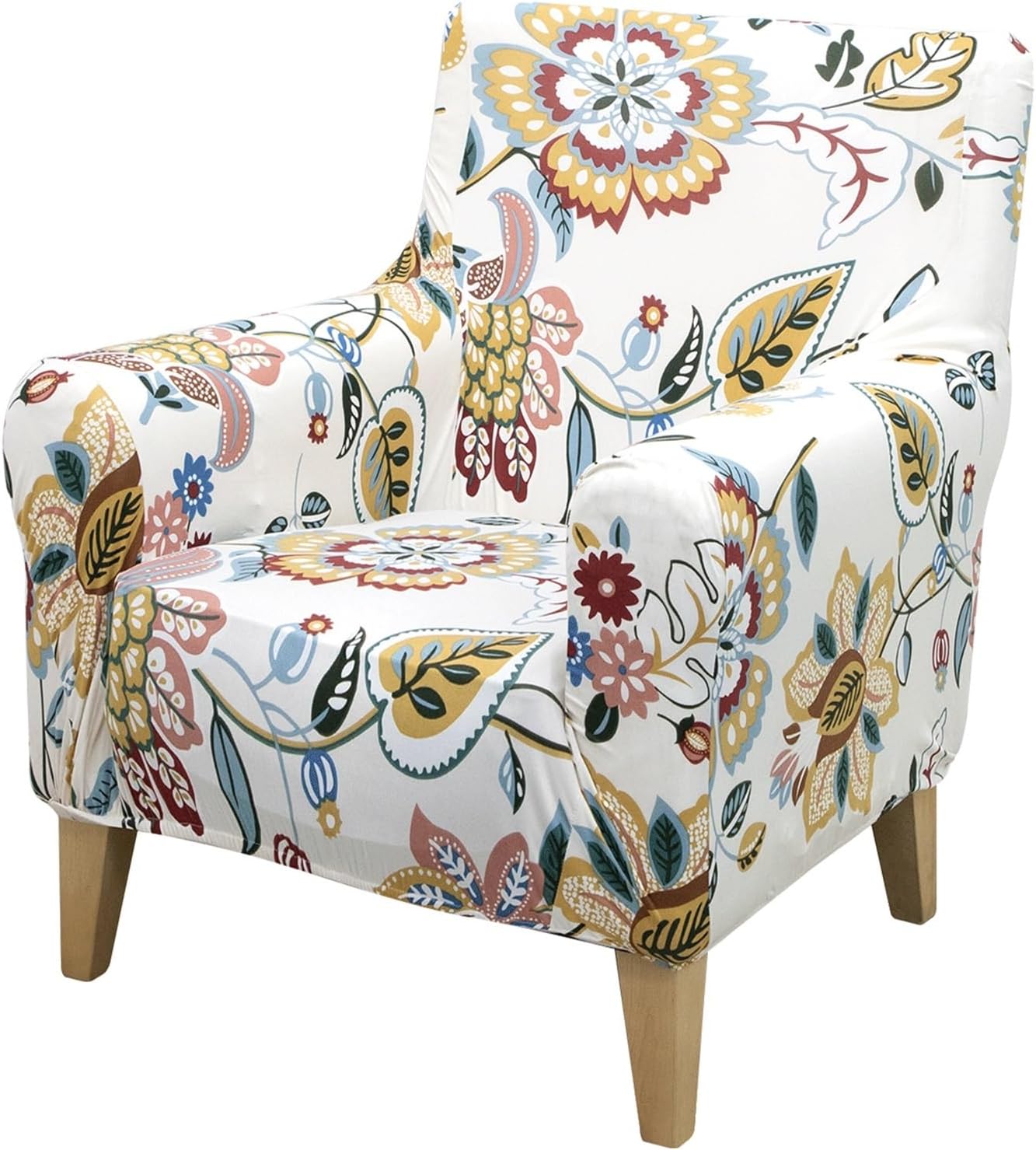 Wing Chair Slipcover Stretch Sofa Cover Floral Printed Armchair Slipcover Washable Furniture Protector Couch Covers for Living Room(White)