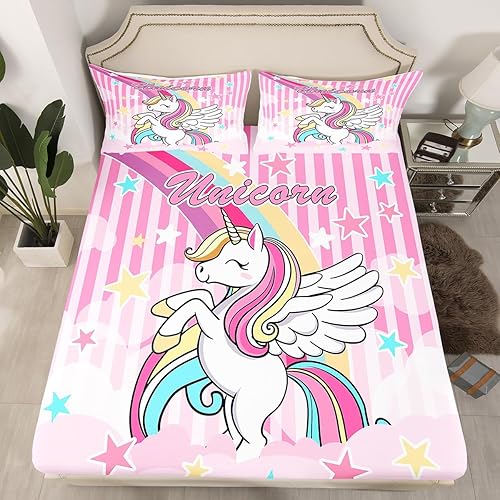 Miniatura 10 de Juego de ropa de cama de unicornio, tamaño individual, diseño de dibujos animados de arco iris, para niñas, adolescentes, decoración de dormitorio,