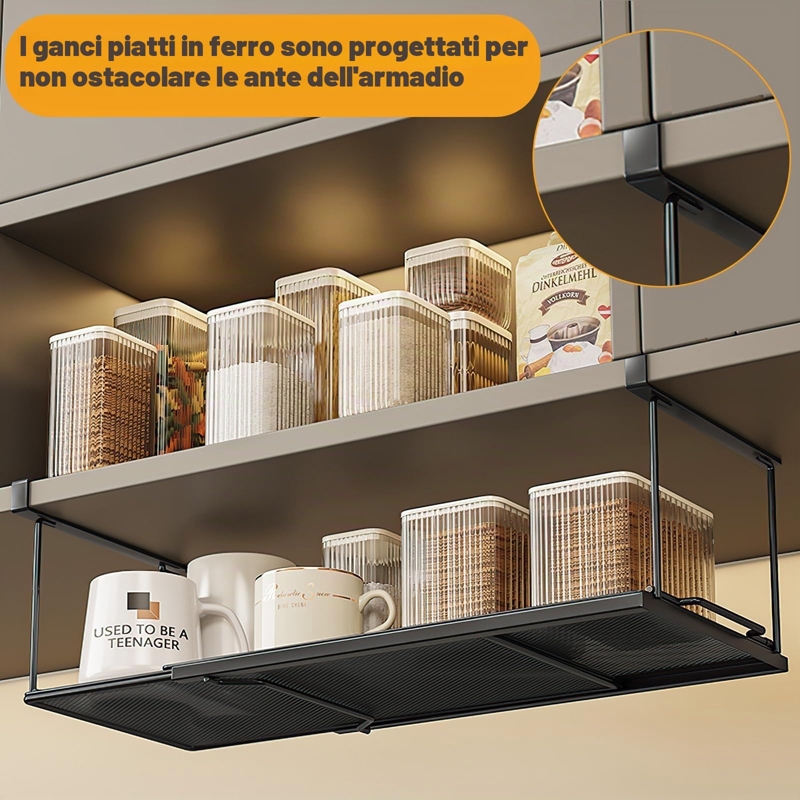 Cestello Portaoggetti Sotto Il Ripiano, Cesto Portaoggetti Estensibile Sotto Mensola, Organizer Dispensa Multifunzionale Cesto sotto Ripiano per Cucina, Ufficio, Dispensa, Bagno, Armadio(Nero)