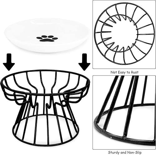 Miniatura 8 de BNOSDM 2 cuencos elevados de comida para gatos, platos de cerámica poco profundos para gatos con soportes de metal, comedero elevado para mascotas,