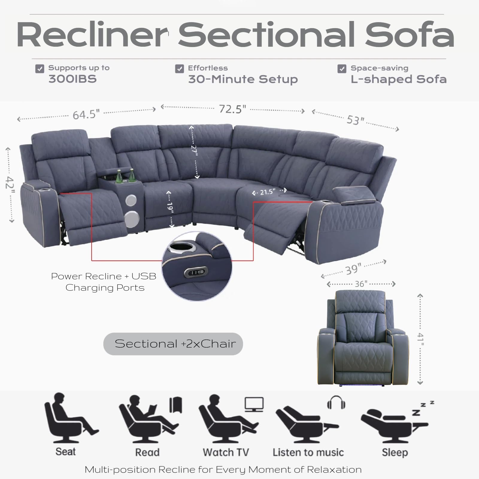 Power Reclining Sectional Sofa Set with Speakers, L-Shaped Sectional Couch view 2