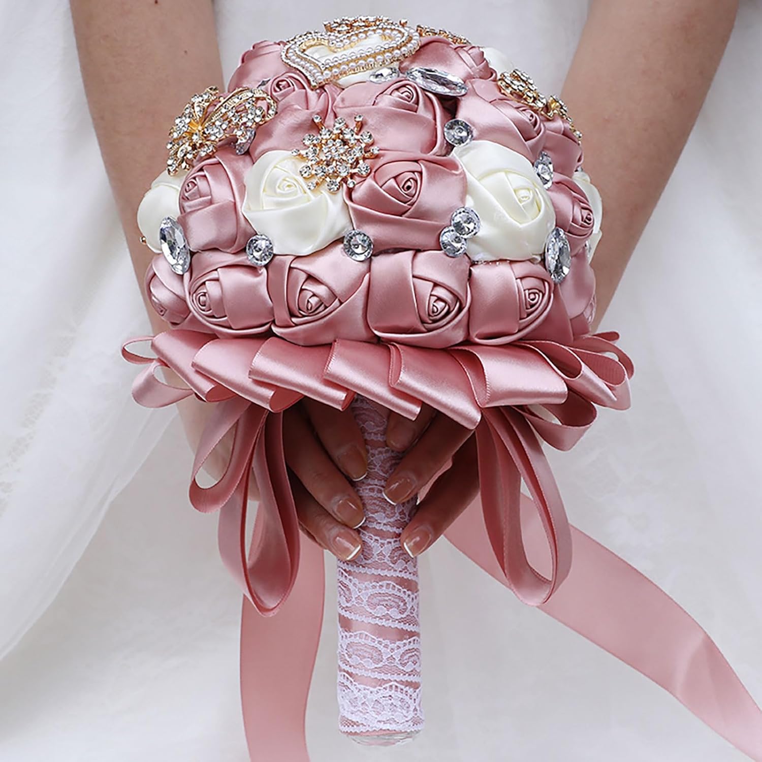 8 Inch Wedding Bouquet Satin Rose Bridal Holding Bridesmaid Crystal Brooch Artificial Flower Bouquet for Indoor Outdoor Resort Wedding Bridal Shower Quinceanera (Dusty Pink 309)