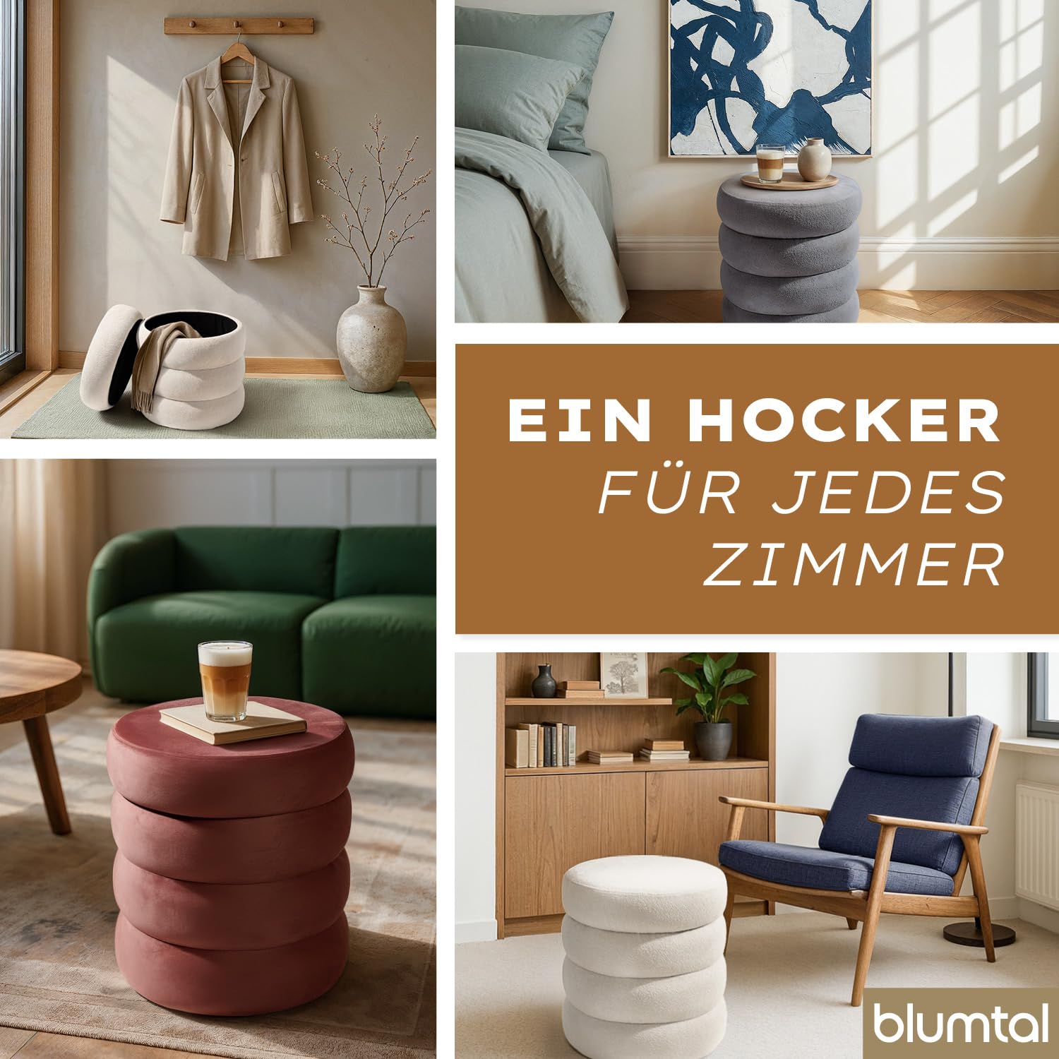Blumtal Hocker mit Stauraum rund, Bouclé-Bezug - robuster Sitzhocker mit Stauraum & Bouclé-Stoff-Bezug 42 x 42 x 47 cm - kleiner Hocker Schminktisch - wunderschöner Bouclé-Look - Sitzhocker rund Creme