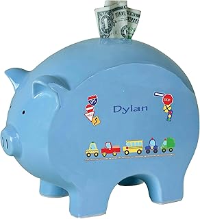 Personalized Blue Piggy Bank with Cars and Trucks Design