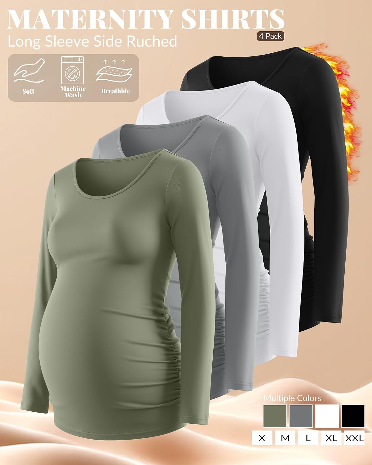 Ficerd 4 Pack Women's Maternity Shirts Long Sleeve Side Ruched Tops Crew Neck Fall Pregnancy T-Shirts Casual Mama Clothes