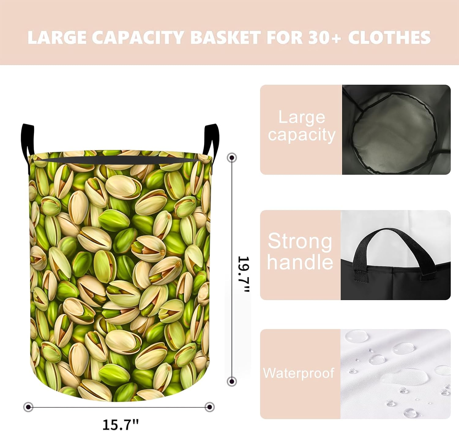 Pistachio Laundry Basket Hamper 19.7"x15.7", Organizer Bins Gifts for Kids Boys Girls, Green Pistachio Nuts Food Foldable Wateshrproof Oxford Clothes Storage Bucket for Bedroom Bathroom Decor image 4