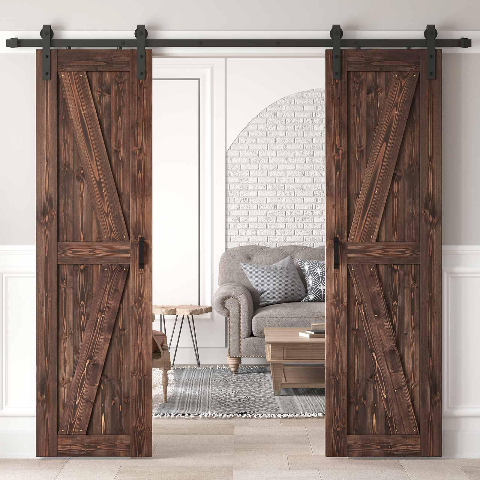 ROYMELO 48 x 84 in (Double 24 × 84 inch Door) Sliding Barn Wood Door Slab with 8ft Hardware Kit and Handle, Coffee, K Shape, Simple DIY Assembly