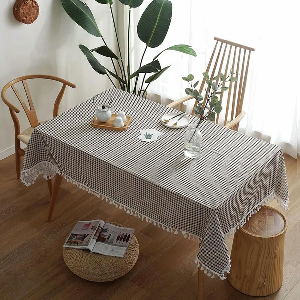 Mantel a Cuadros de 60~300cm con Encaje Cubierta de Mesa de Lino de algodón para Cubierta de Escritorio Mantel de Mesa de té con Colgante Suave paño de Comida