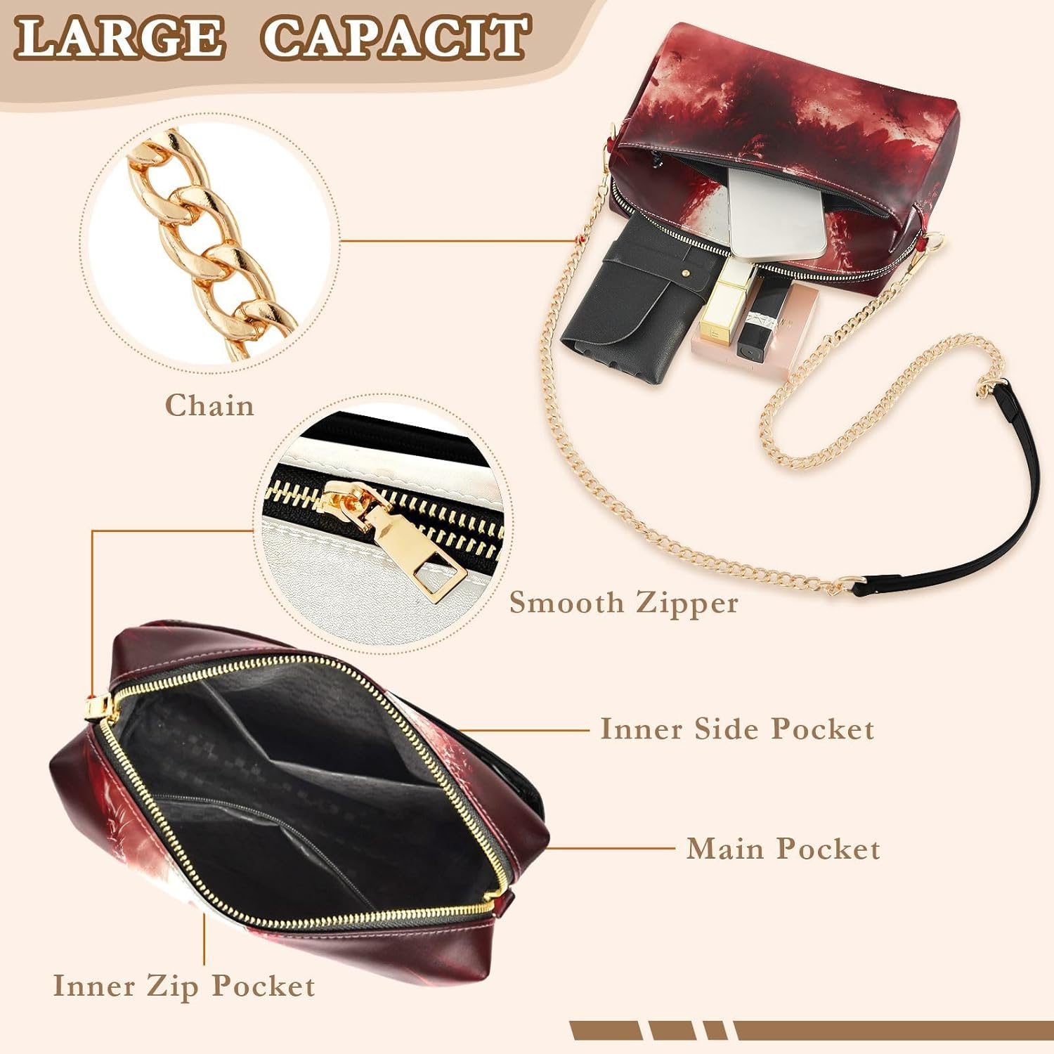 Women Crossbody Bag Shoulder Handbag Cellphone Purse PU Leather Metal Chain Strap Water Resistant Zipper Closure Red Skull with Wings Print