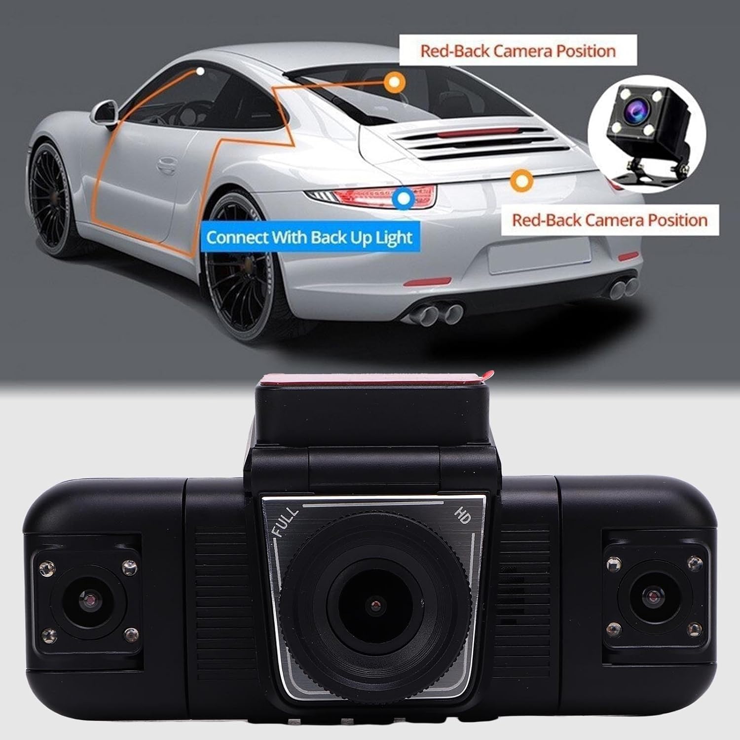 Diagram illustrating the installation of the rear camera, connecting to the vehicle's backup light