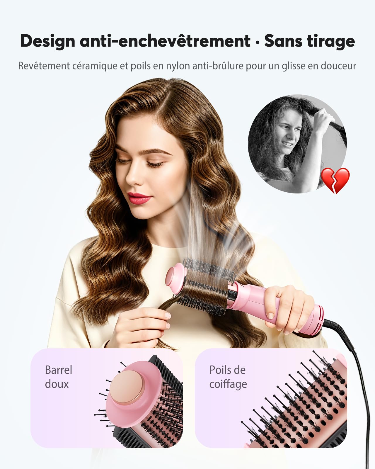 Bopcal Mini Brosse Soufflante Voyage 4 en 1 - Brosse Sèche Cheveux Double Tension Automatique (100-240V) avec Ionique, Brosse Chauffante avec épine US et UK