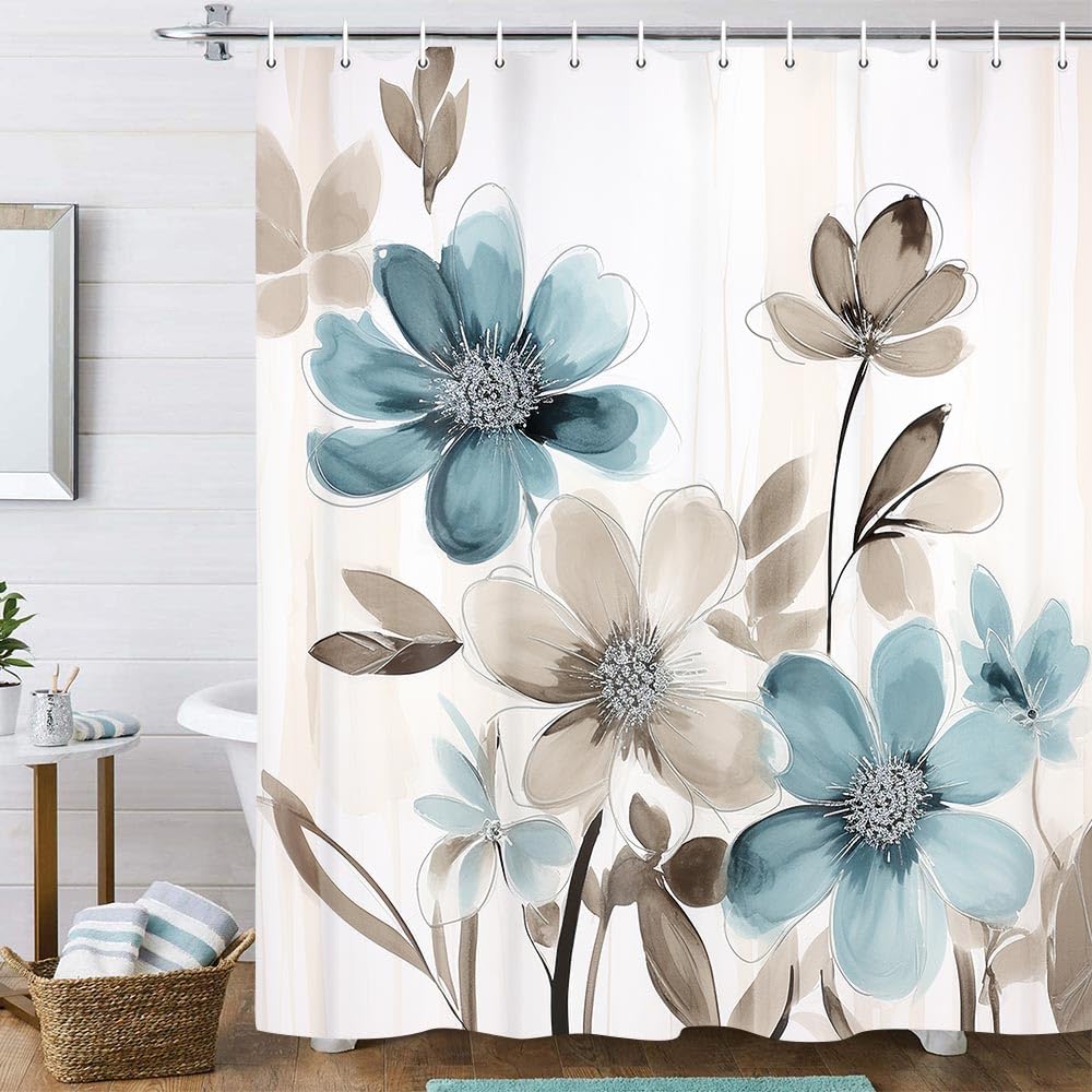 Torich Boho Floral Shower Curtain for Bathroom, Watercolor Ink Flower Plant Leaf Bath Curtains, Nature Scenery Romantic Waterproof Fabric Shower