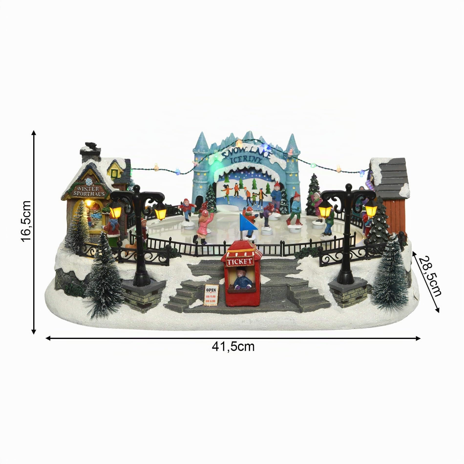 Rebecca Mobili Pueblo navideño con luz y movimiento, escena navideña con caja de música, poliresina, decoración navideña, ideas de regalo – Dimensiones (alto x ancho x profundidad): 16,5 x 41,5 x 28,5