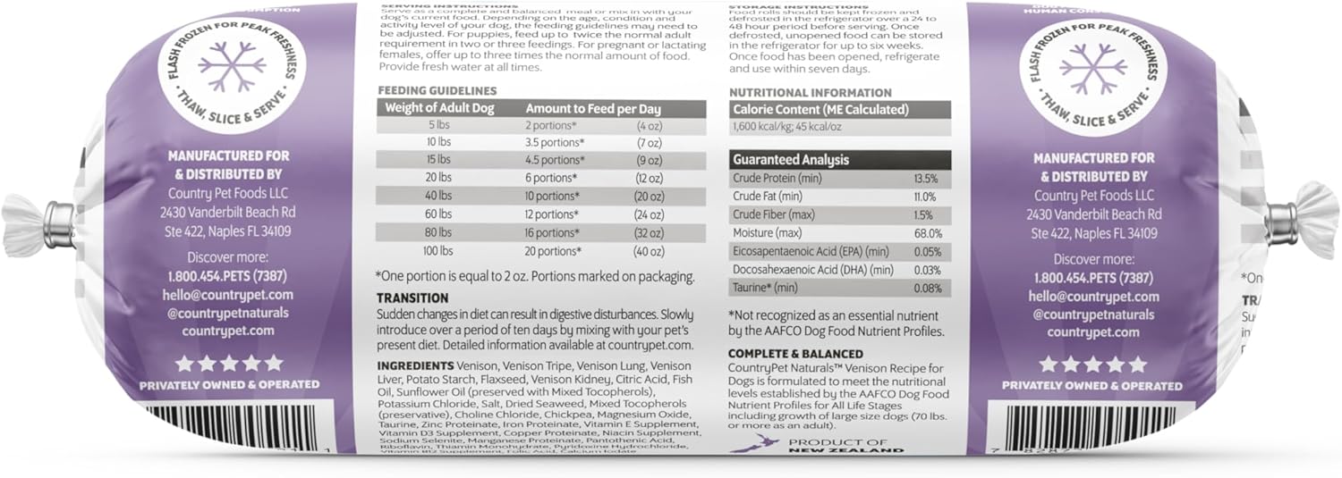 New Zealand Venison Frozen Fresh Dog Food, High-Protein 91% Grass-Fed Free-Range Meat, Gently Cooked, Grain-Free, Omega-3s, 6 lb (4 Rolls)