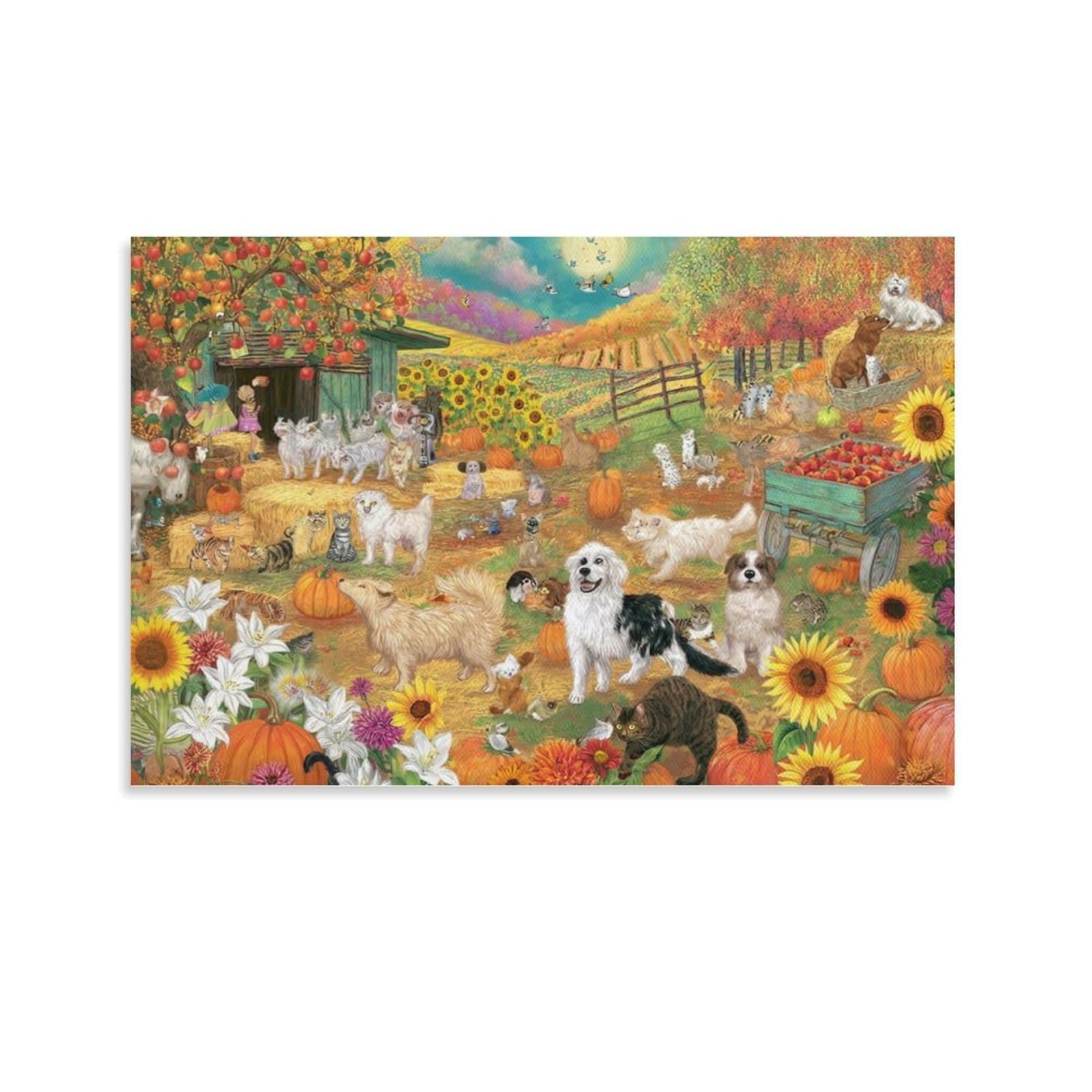 CPLVKWRQJ Autumn Farm Scene Individual Autumn Farm Animals Puzzle Canvas Artwork - Bedroom Canvas Painting Easy to Clean Space Transformer Decor 24x36inch(60x90cm)