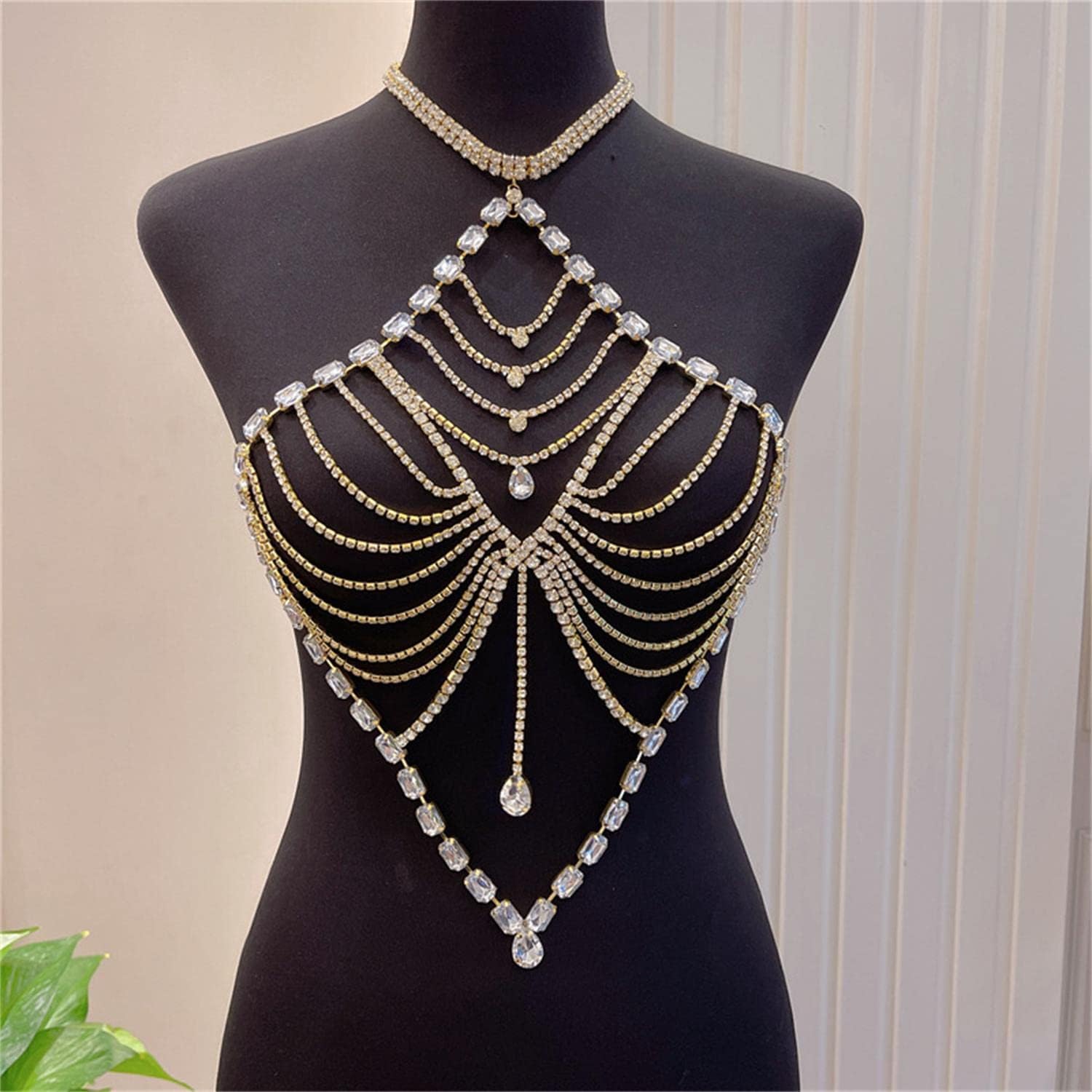 Body Chain Chest Chain Sparkly Rhinestone Fringed Bra Chain Crystal Bikini Lingerie Woman Sexy Nightclub Clothing (Silver)