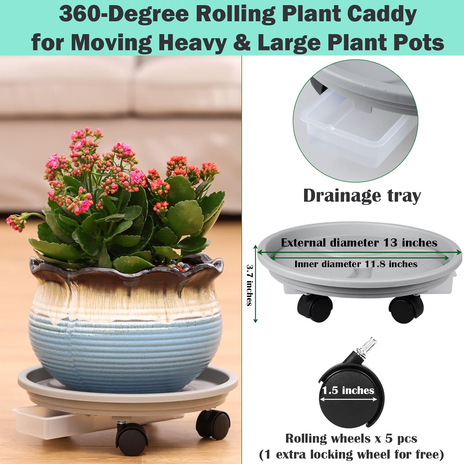 4-pack 13" Plant Caddy with Wheels, Drainage Tray & Heavy-duty Casters - Large Rolling Plant Stand for Moving Heavy Pots, Indoor & Outdoor Use, Grey