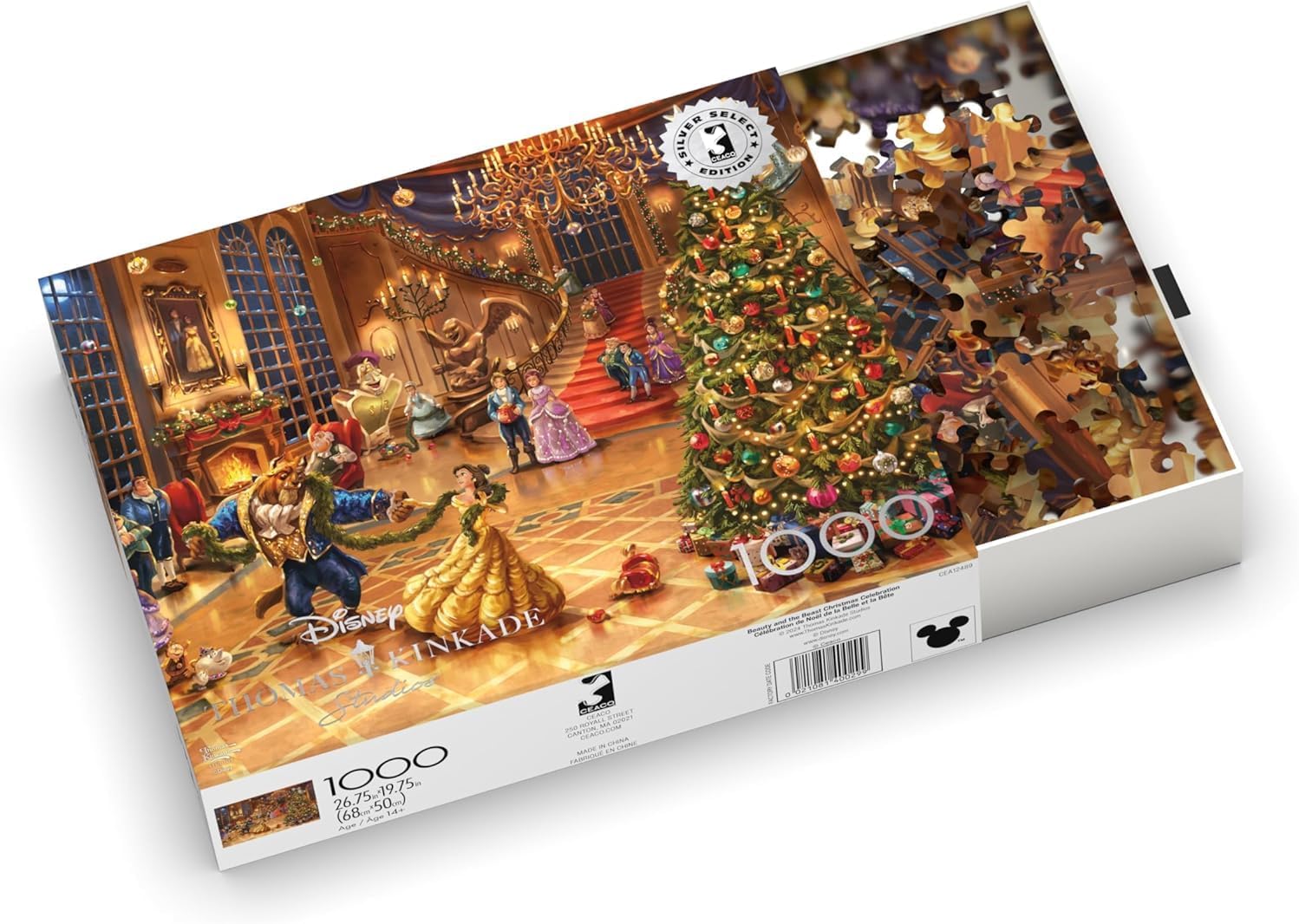 Buffalo Games - Disney - Thomas Kinkade - Beauty and The Beast Christmas Celebration - 1000 Piece Silver Select Jigsaw Puzzle, Holiday Puzzles for Adults – Winter Artwork, Festive Fun