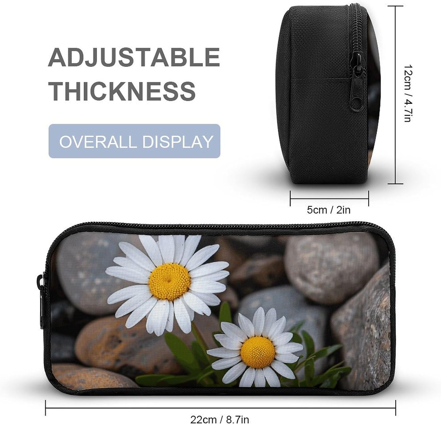 Daisies And Rocks Large Pencil Case, Pencil Pouch with Zipper image 2