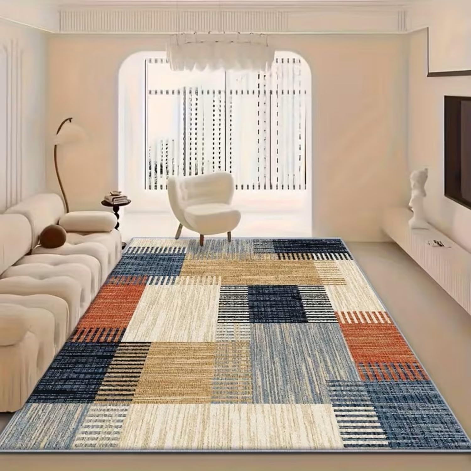 SOJAWA Scandinavian Multi Coloured Area Rug 180x230cm, Blue Beige Orange Geometric Abstract Living Room Rugs, Washable Non Slip Low Pile Soft Rug for Bedroom Dining Room Home Decor