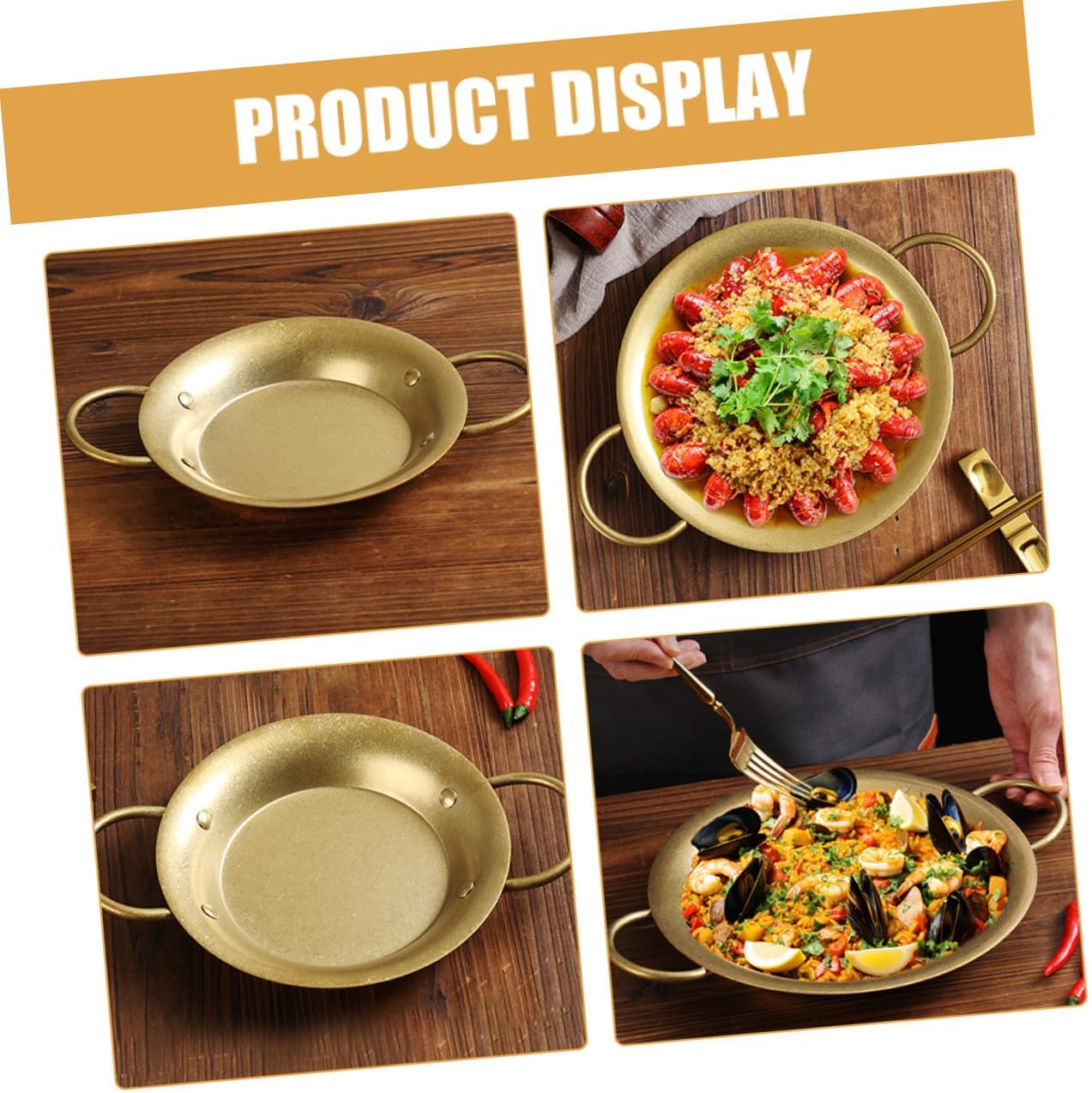 BESPORTBLE Stainless Steel round Paella Pan 20.5cm with Dual Handles Vintage Gold Finish Spanish Seafood Cooking Skillet for Home and Restaurant Use