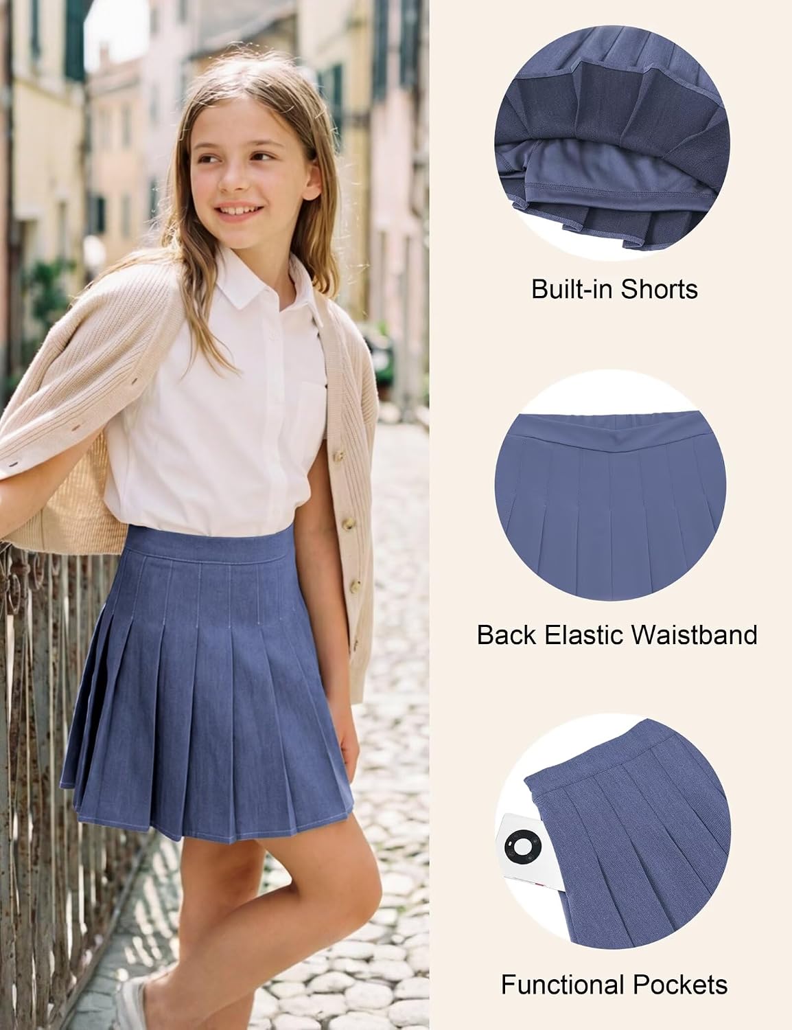 Girls Pleated Skirt with Pockets and Built-in Shorts School Uniform Skorts | Casual Tennis Skirts, 6-16 Years, Functional Pockets, Easy On and Off, Ideal for Daily Wear, School, Sports, Holiday Party