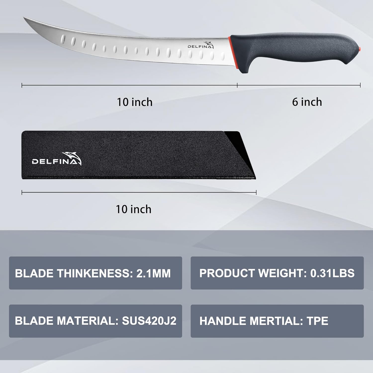 DELFINA Curved Breaking Knife 10 inch W/Sheath & SoftGrip Handle, Butcher Breaking Knife For Meat Cutting, High Carbon Japanese Steel - Image 7