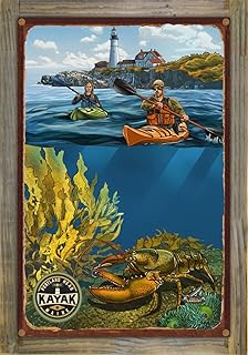 Portland Head Lighthouse Maine Kayakers Rustic Metal Print on Reclaimed Barn Wood from Illustration by Artist Paul A. Lanquist 11.5" x 17.5"