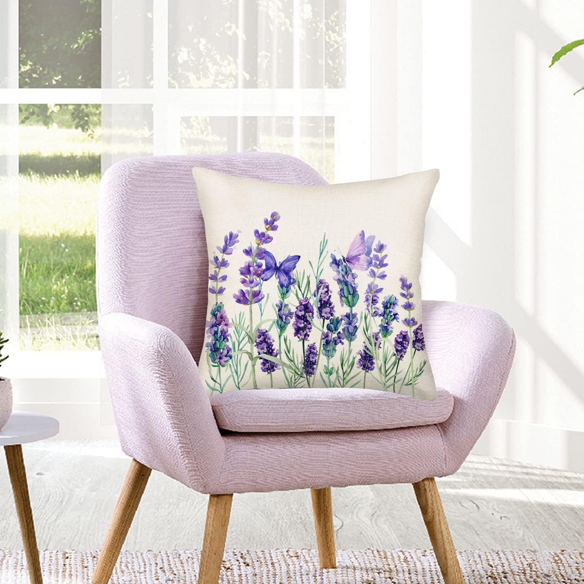 Smilyard Spring Lavender Pillow Cover 18x18 Inch Set of 2, Purple Flowers Throw Pillow Covers Summer Watercolor Floral Decorations Linen Cushion Covers Farmhouse Home Decor for Sofa Couch Outdoor