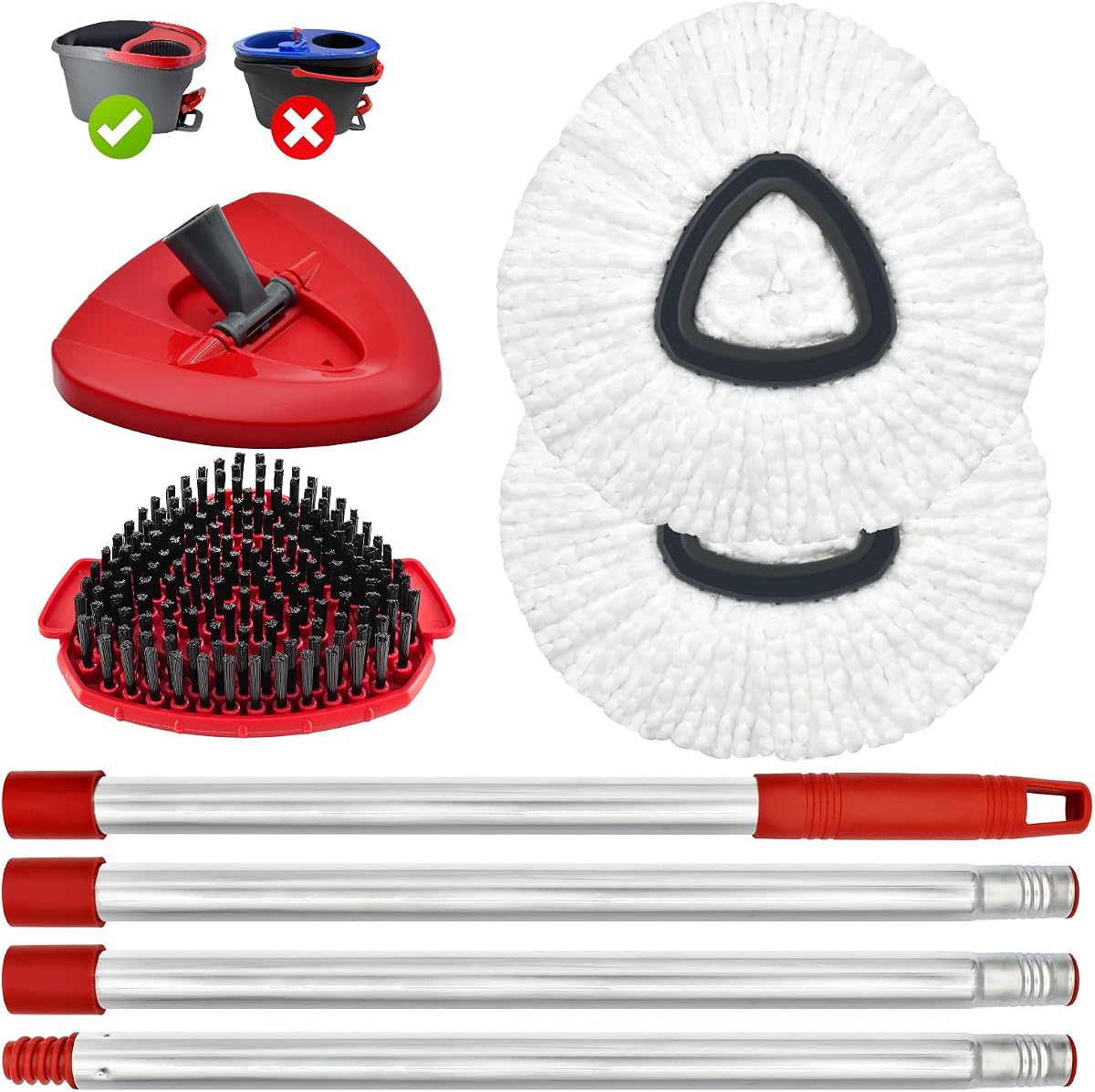 Mango de fregona giratoria, cabezal de repuesto de fregona, cepillo, base compatible con OCedar EasyWring 1 tanque, 2 recambios de fregona de microfibra, 1 base de fregona, 1 cepillo y juego combinado de mango de fregona de 30-58" para OCeda, uso para limpieza de pisos
