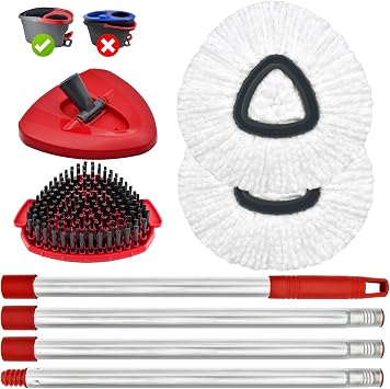 Spin Mop Replacement Head, Brush, Handle, Base for O Cedar EasyWring 1 Tank System,2 Microfiber Mop Refills,1 Mop Base,1 Brush and 30-58" Mop Handle Combo Set for OCeda,Use for Floor Cleaning