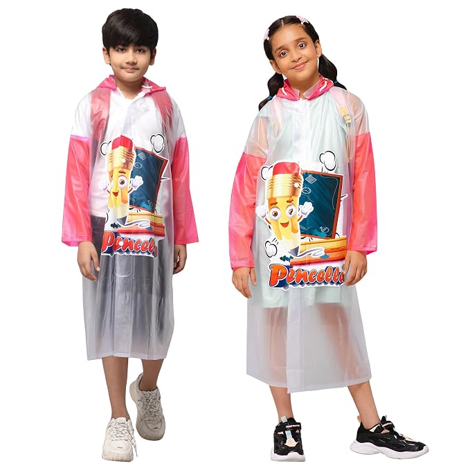 THE CLOWNFISH Toon Caper Series Kid's Waterproof PvcLong Length Coat With Adjustable Hood & Extra Space For Backpack/Schoolbag Holding. Printed Plastic Pouch.