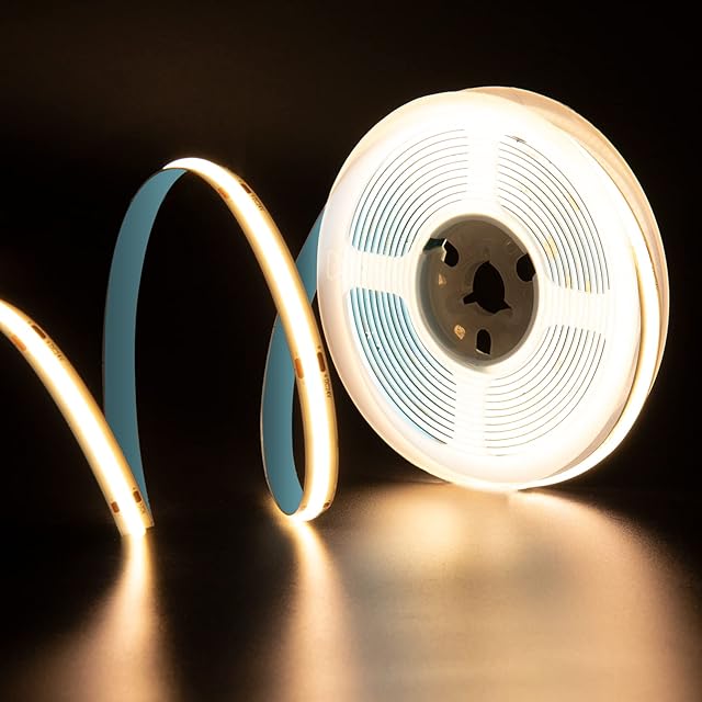 PAUTIX COB LED Strip Warm White 3000K DC24V, 5M 480LEDs/M CRI90+ Bright Flexible LED Tape Lights for, Cabinet, Wardrobe, Home DIY Lighting Project with 8mm COB Connector(Power Supply Not Included)