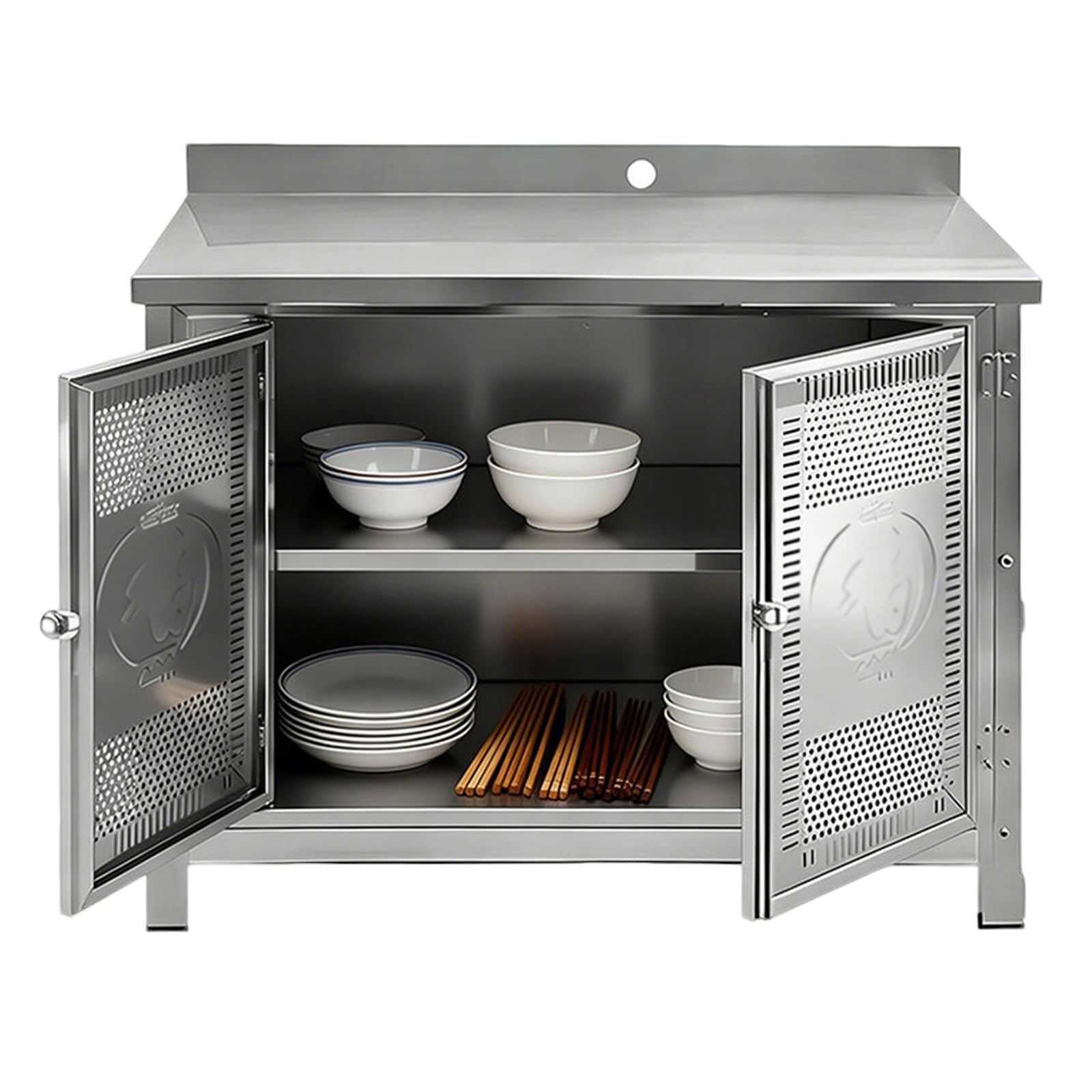 Banco da lavoro in acciaio inox con struttura chiusa, piedini antiscivolo, protezione antispruzzo, adatto per uso domestico o commerciale, traverse rinforzate, finitura spazzolata, altezza 80 cm.