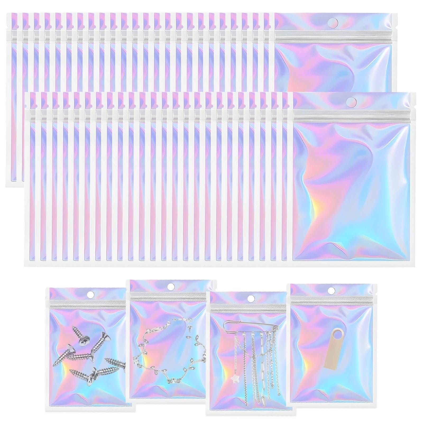 50 Pcs 10.5 x 15cm Holographic Mylar Lock Bags, Clear Golden Resealable, Resealable Foil Smell Proof Pouches, for Food Storage, Lipgloss, Jewelry