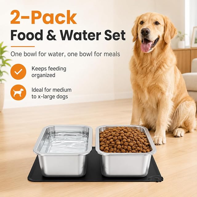 Foto 2 de 7 de Juego de 2 Cuencos para Perros de Acero Inoxidable de 6L, 32 x 26 x 10 cm, elevados, para Agua y Comida