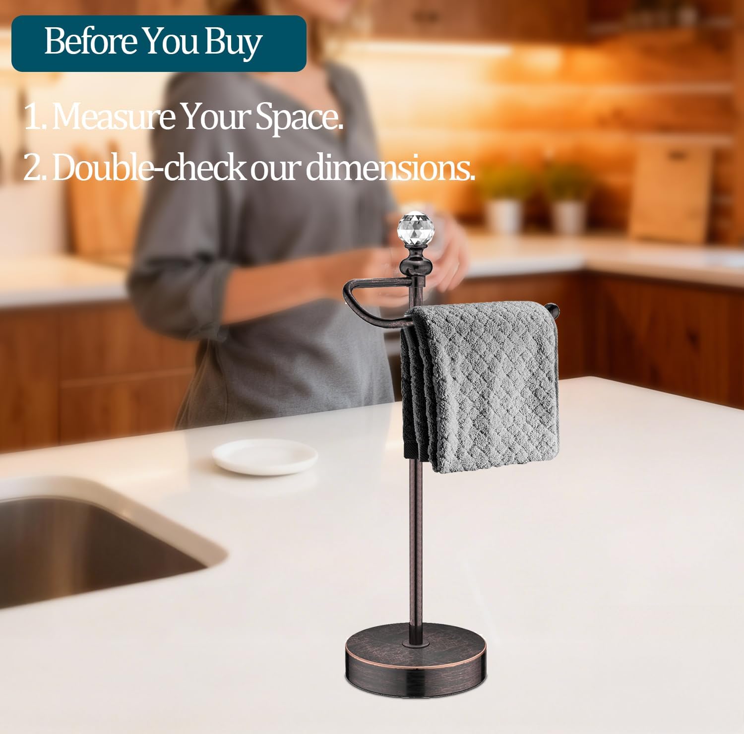 Bathroom Hand Towel Holder with Crystal Ball, Countertop Towel Holder Stand 15.7” H, Stainless Steel Classic Vintage Hand Towel Rack Stand with Heavy Weighted Base (Oil Rubbed Bronze, 2 Pack)