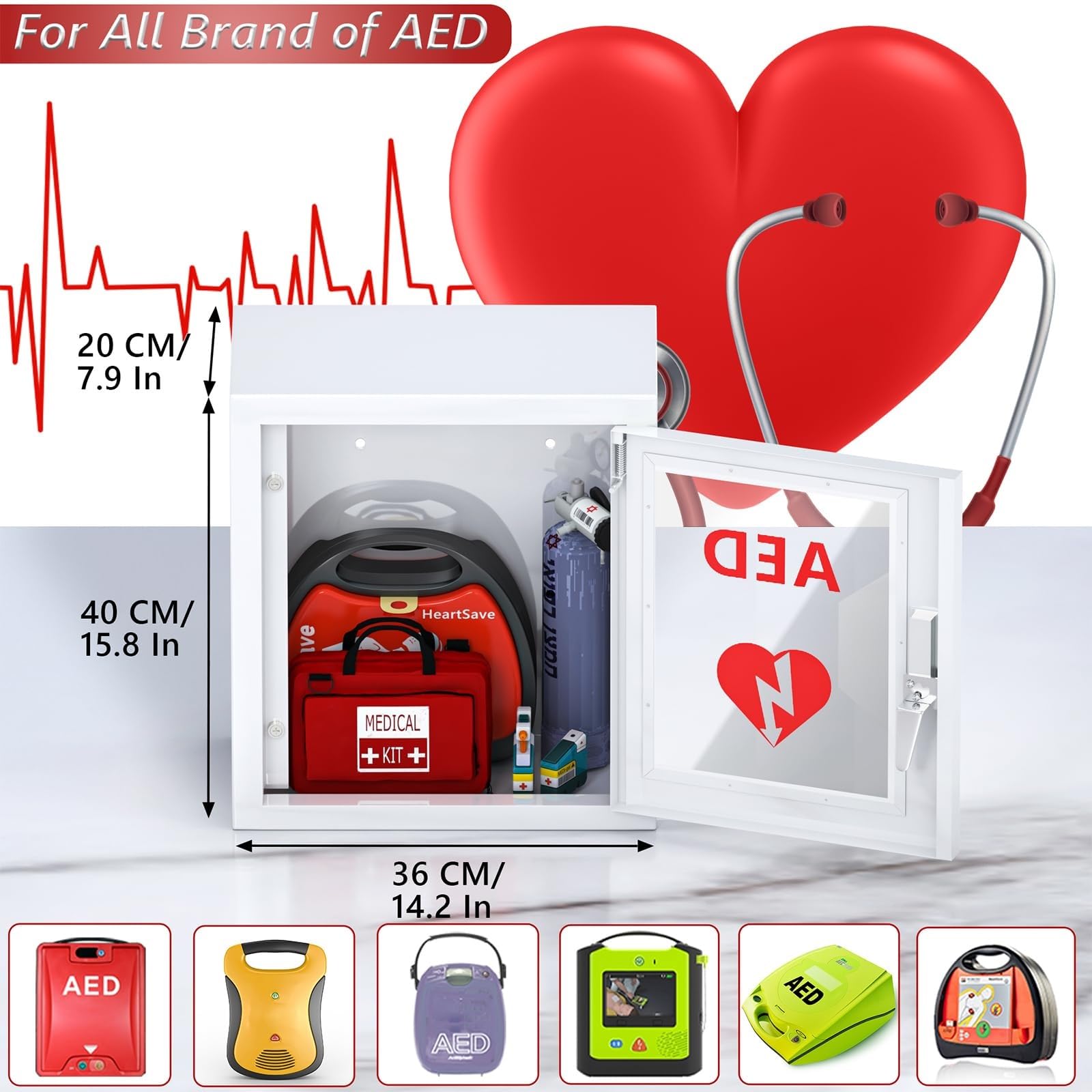AED Defibrillator Aufbewahrungsbox, Wandmontierter Schrank für Herzdefibrillation, Erste-Hilfe-Koffer mit Schnappverschluss, passend für die meisten AED-Modelle für Home Office