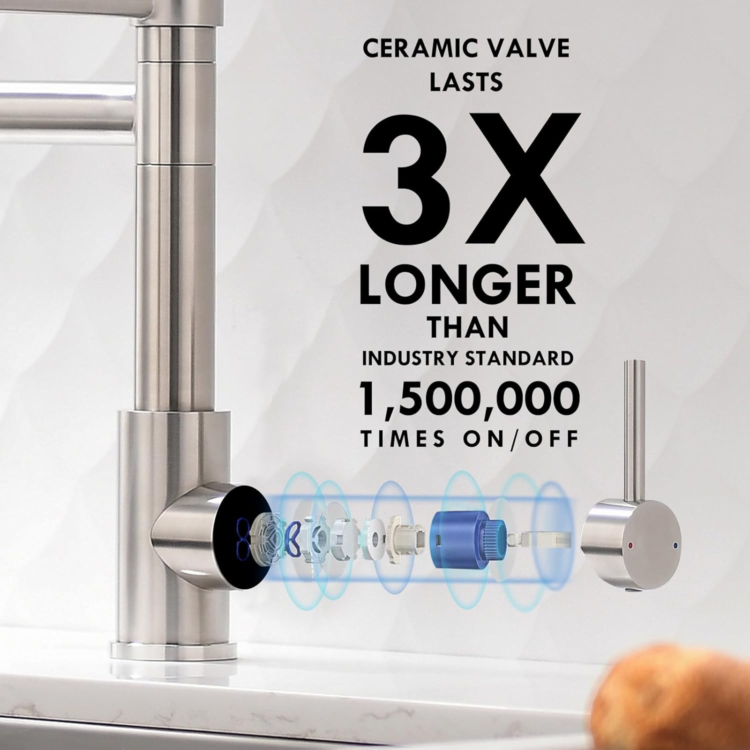 Diagram illustrating the durable ceramic valve inside the faucet, tested for 1,500,000 cycles.