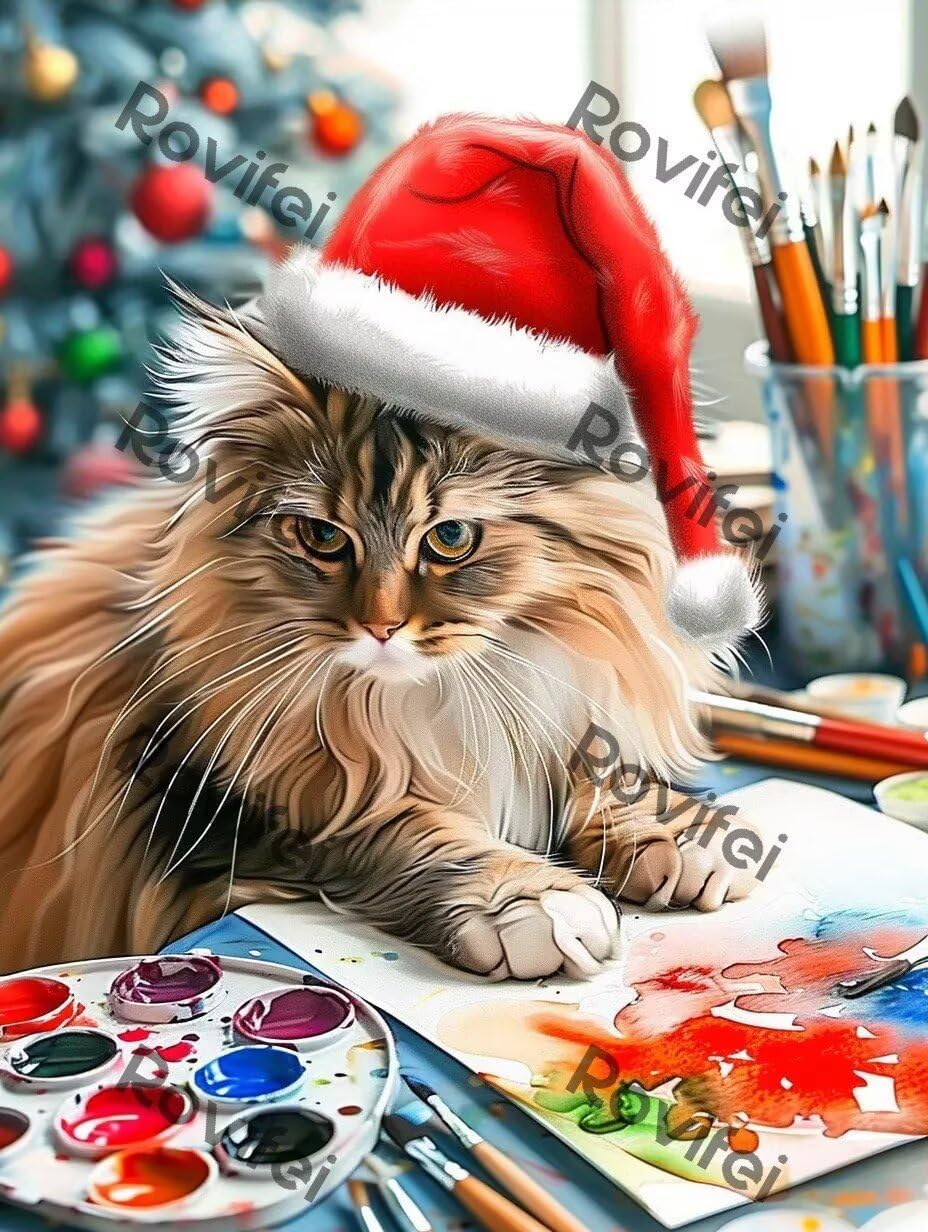 Rovifei 5D Painted Cat Diamond Art, Chic Crystal Full Round Gemstone Diamond Painting Kit, for Adults & Beginners, for Home Decor Bathroom Decor As Gifts 20X20 Inches