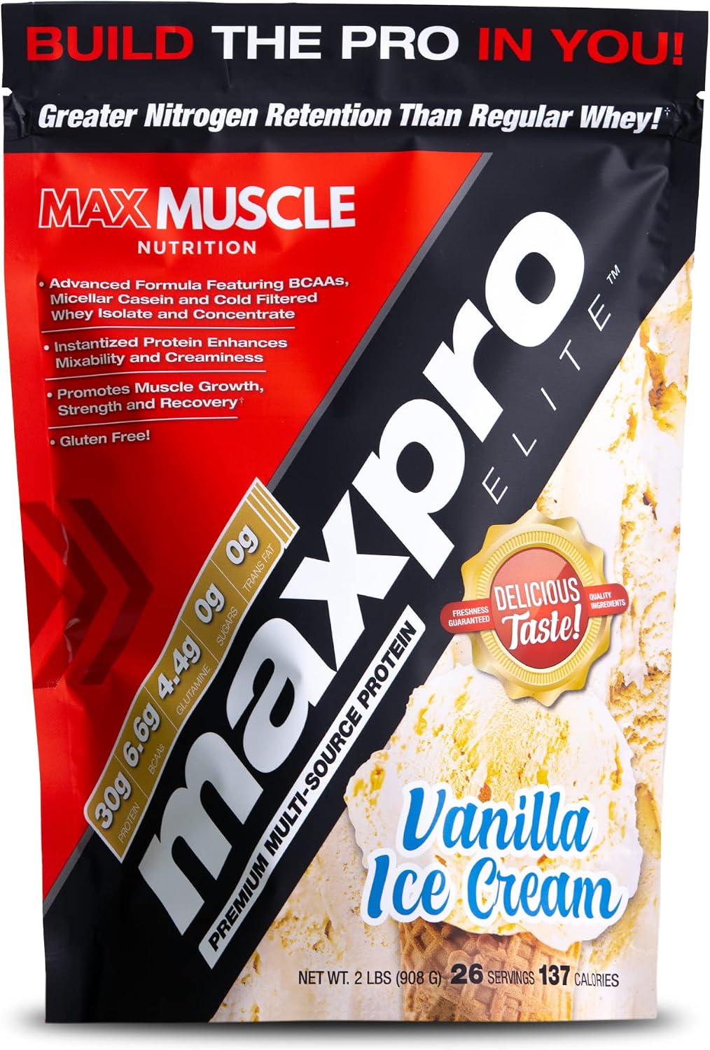 Max Muscle Maxpro Elite Premium Multi-Sourced Protein | 30g Protein, 6.6g Bcaas, 0g Sugar | Whey Protein Isolate | Promotes Muscle Growth, Strength and Recovery (Vanilla Ice Cream