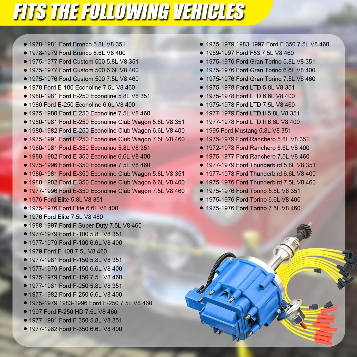 MAS Performance HEI Ignition Distributor w/Cap & Rotor and Spark plug Wire set Compatible with Ford 351C 351M 400 429 460 HEI 65,000 Volt Coil KA-1046013 PE332U JM6506BL 351CBLHEI0(Blue HEI Kit)