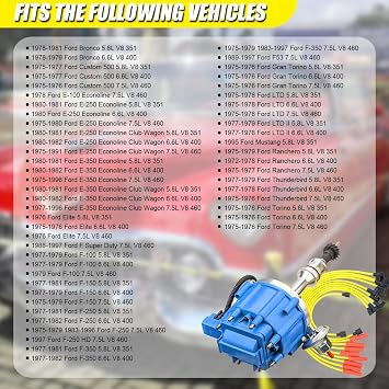 MAS Performance HEI Ignition Distributor w/Cap & Rotor and Spark plug Wire set Compatible with Ford 351C 351M 400 429 460 HEI 65,000 Volt Coil KA-1046013 PE332U JM6506BL 351CBLHEI0(Blue HEI Kit)