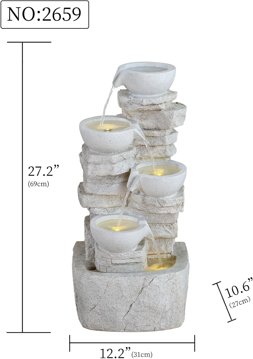 Qingyinge 27' H Modern Outdoor Fountain Resin Outdoor Garden Fountains with Contemporary Design LED Light for Garden, Patio, Deck, Porch, Backyard and Home Art Decor