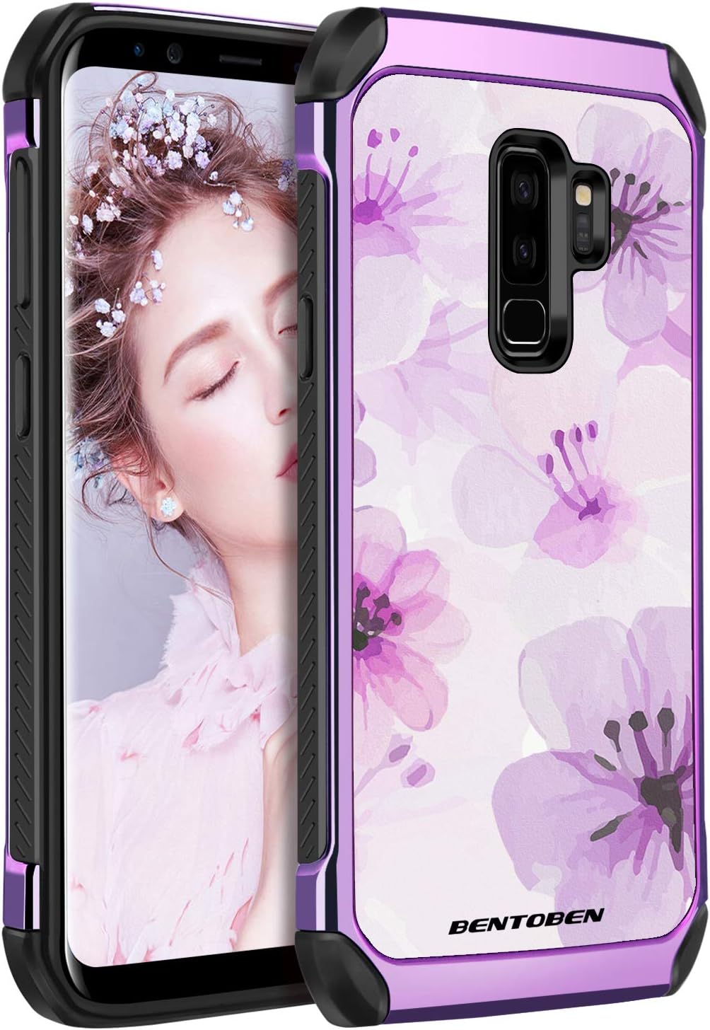 BENTOBEN Galaxy S9 Plus Case, Samsung S9 Plus Phone Case,2 in 1 Dual Layer Hybrid Soft TPU Bumper Hard PC Back Cover Shockproof Anti-Slip Protective Case for Galaxy S9 Plus,Floral Flowers Pattern