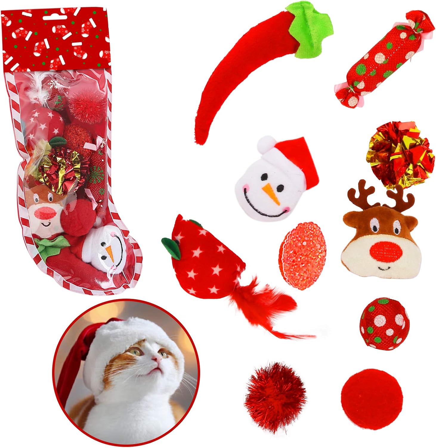 Cute Paws Christmas Cat Toy Stocking Gifts Set, 10 Pcs Cat Kitten Interactive Toy, Cat Catnip Toys for Indoor with Ball, Mouse, Bell,…