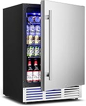 24 inch Beverage Refrigerator - 180 Cans Beverage Fridge Under Counter with Stainless Steel Door, Built-in or Freestanding Beer Fridge, Outdoor Refrigerator for Patio Kitchen Home Bar