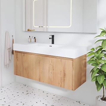 48 Inch Floating Bathroom Vanity, 48" Bathroom Vanity with Sink, Single Sink Bathroom Vanity Combo, Modern Bathroom Vanity, Brown Wall Mounted Cabinet Set