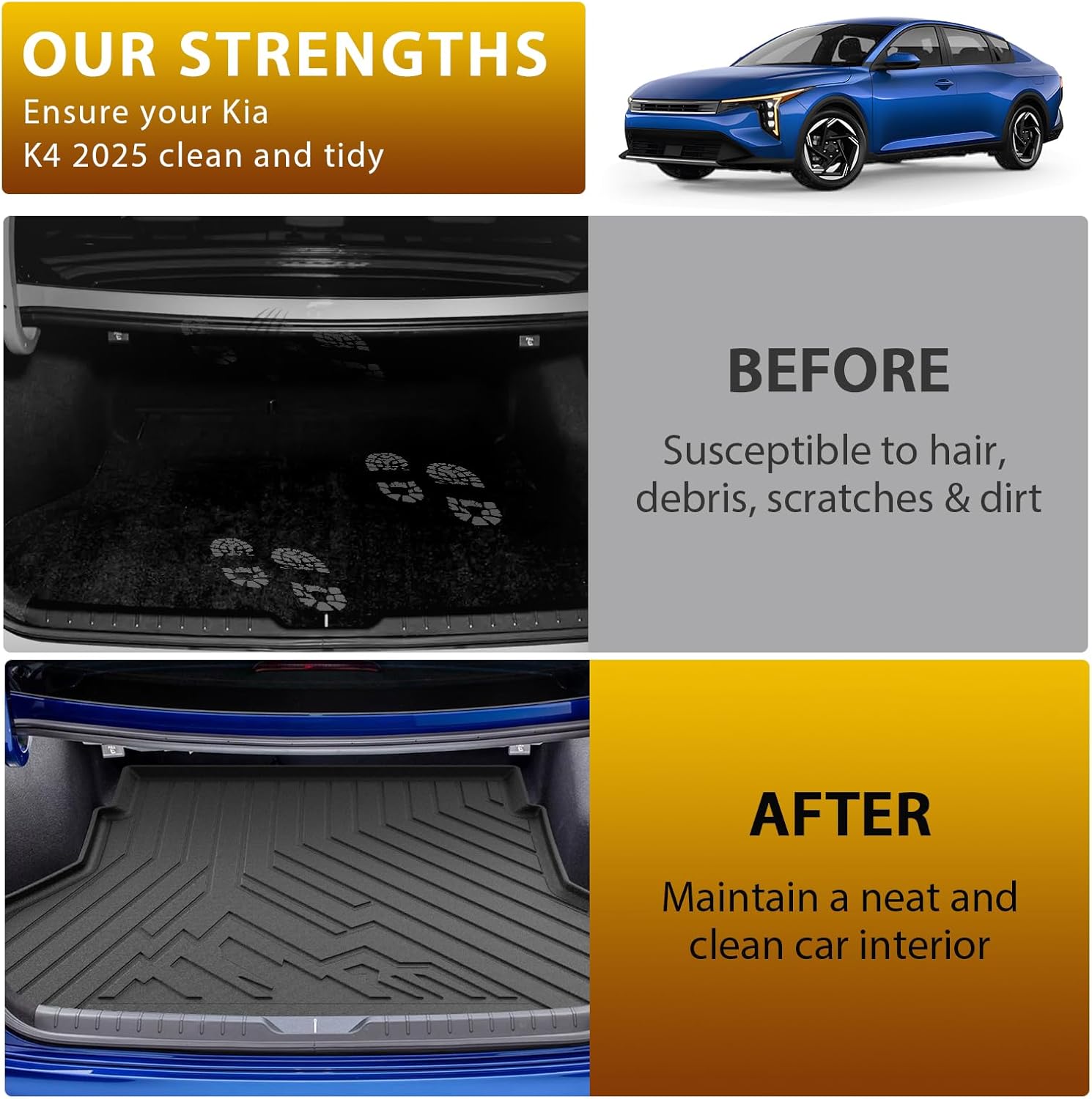 Powerty Trunk Mat for KIA K4 2025 2026 Accessories, All Weather Cargo Mat TPE Cargo Liner Replacement for Rav4 Rear Trunk Liner,Black