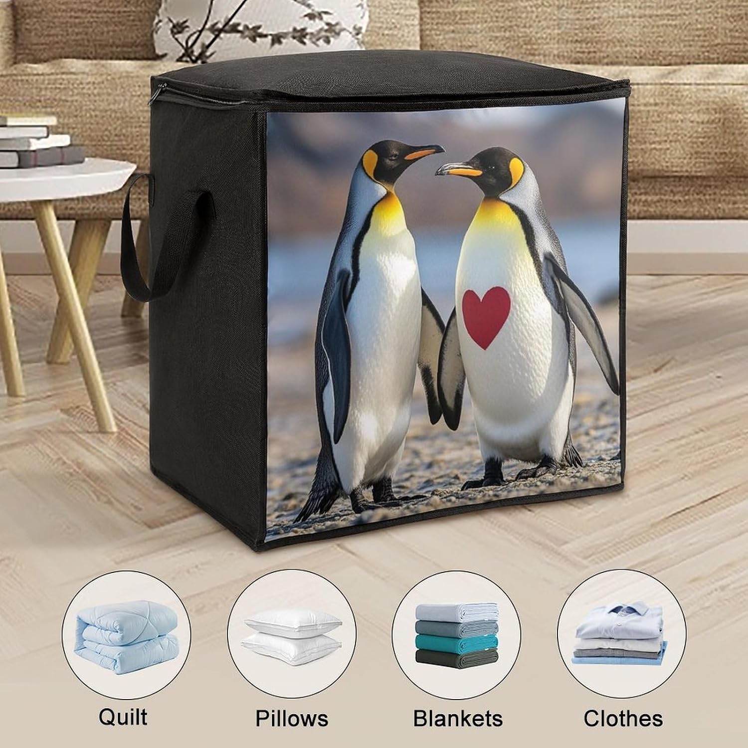Penguin with Heart Storage Bags Moving Bags Storage Bins | Comforter Storage Bag Reinforced Handles & Zippers Foldable Closet Organizers and Storage for Blanket Pillow Clothes